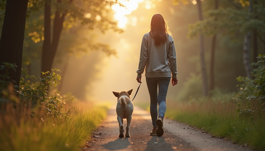 Woman walking dog on peaceful forest path at sunrise, mindful moment of presence and connection with nature.