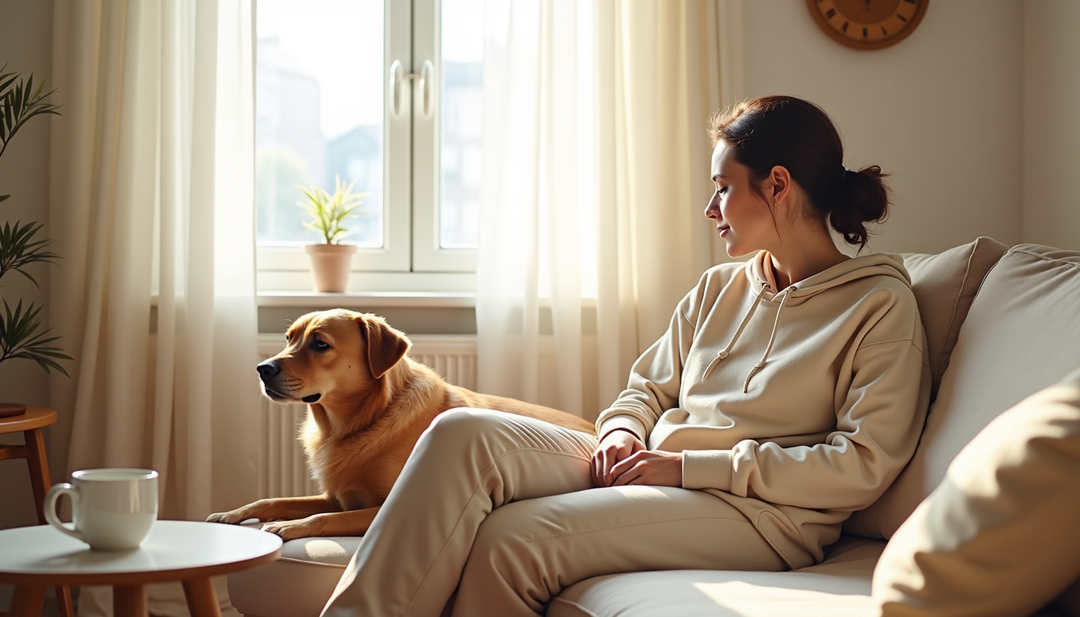 Woman relaxing on the sofa with her dog and coffee in cosy home, enjoying everyday moments of comfort and connection.