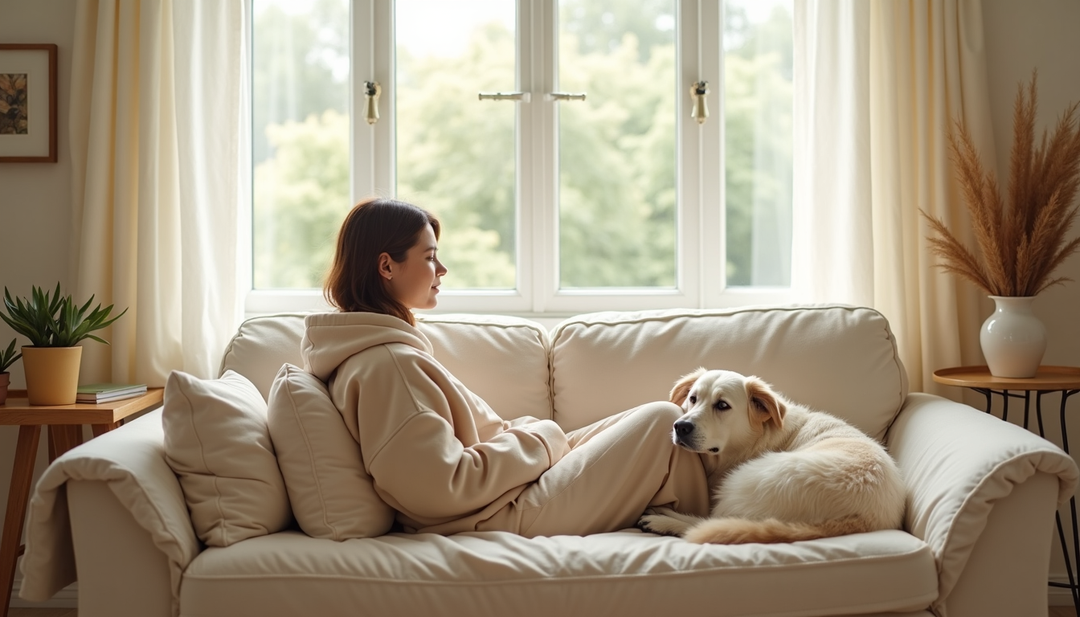 Woman relaxing in cosy oversized hoodie on sofa with her dog, embracing comfort and rest without guilt.