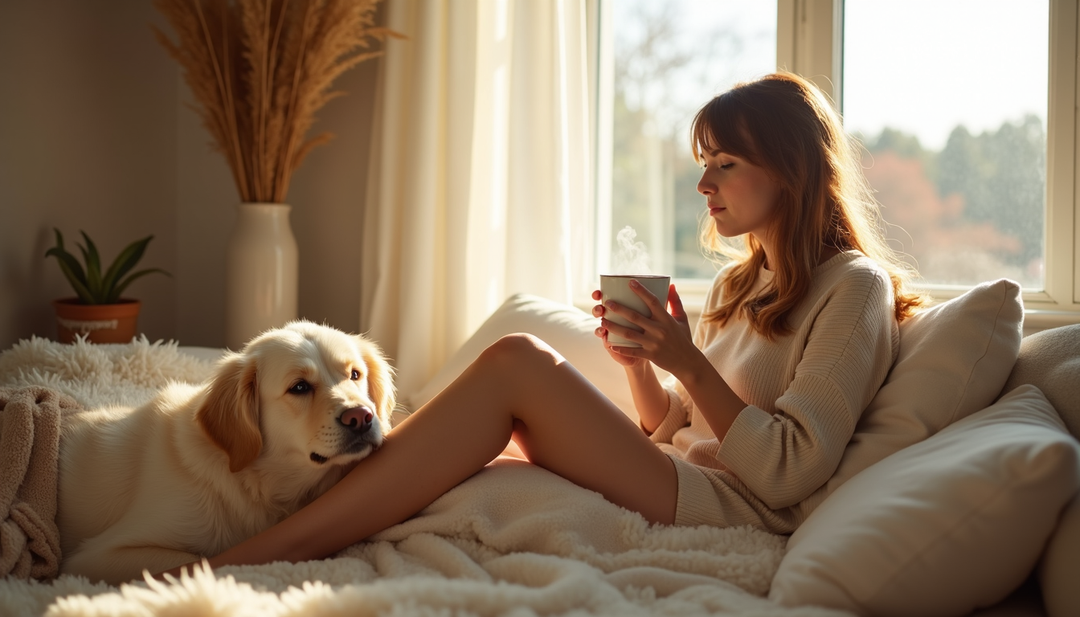 Woman enjoying her coffee time with her dog on a cosy bed by the window, peaceful morning ritual of presence and connection.