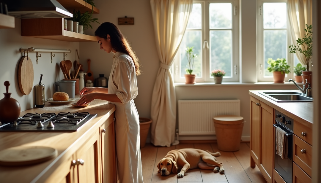 Woman baking in a cosy kitchen with her dog resting peacefully on the floor, enjoying a slow weekend ritual together.