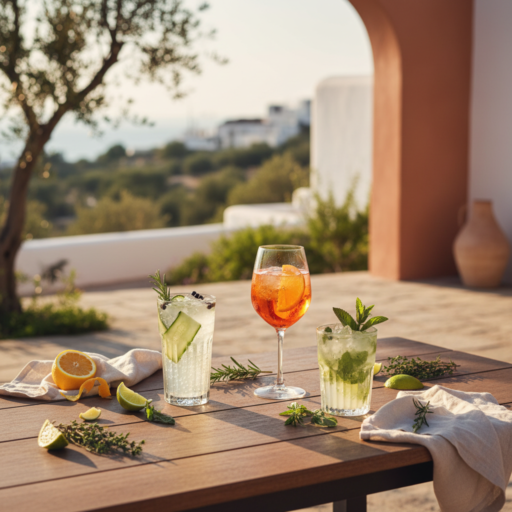 Summer cocktails on outdoor terrace table with Aperol spritz and mojitos garnished with herbs and citrus during golden hour