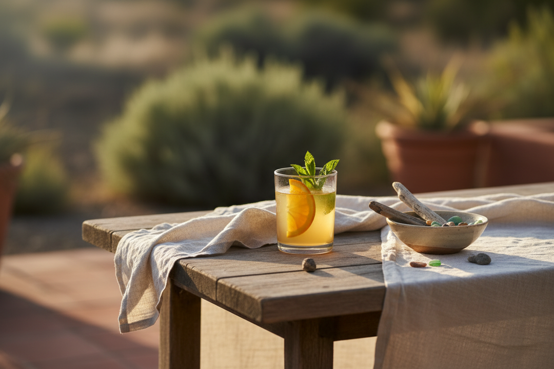 Orange cocktail with mint garnish on outdoor table with white linen napkin during golden hour