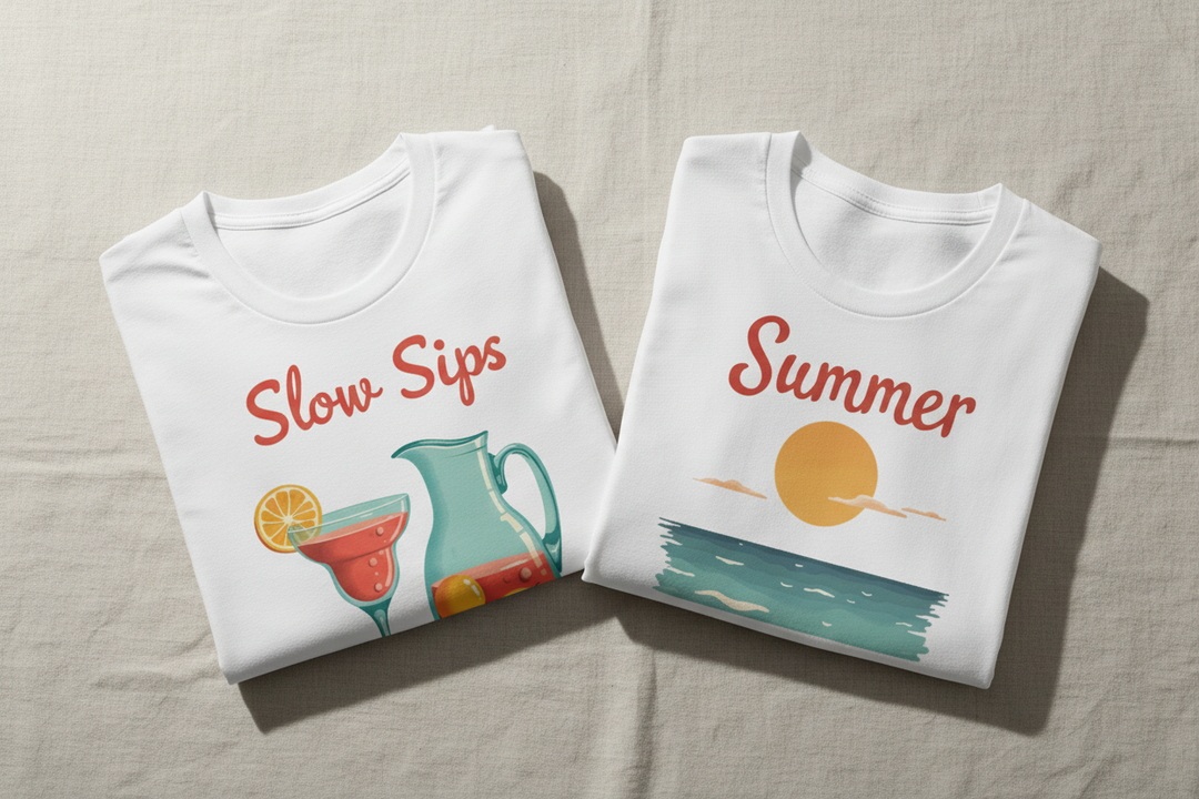 Two white folded t-shirts featuring Slow Sips with hurricane cocktail design and Summer with sunset graphic on a white surface