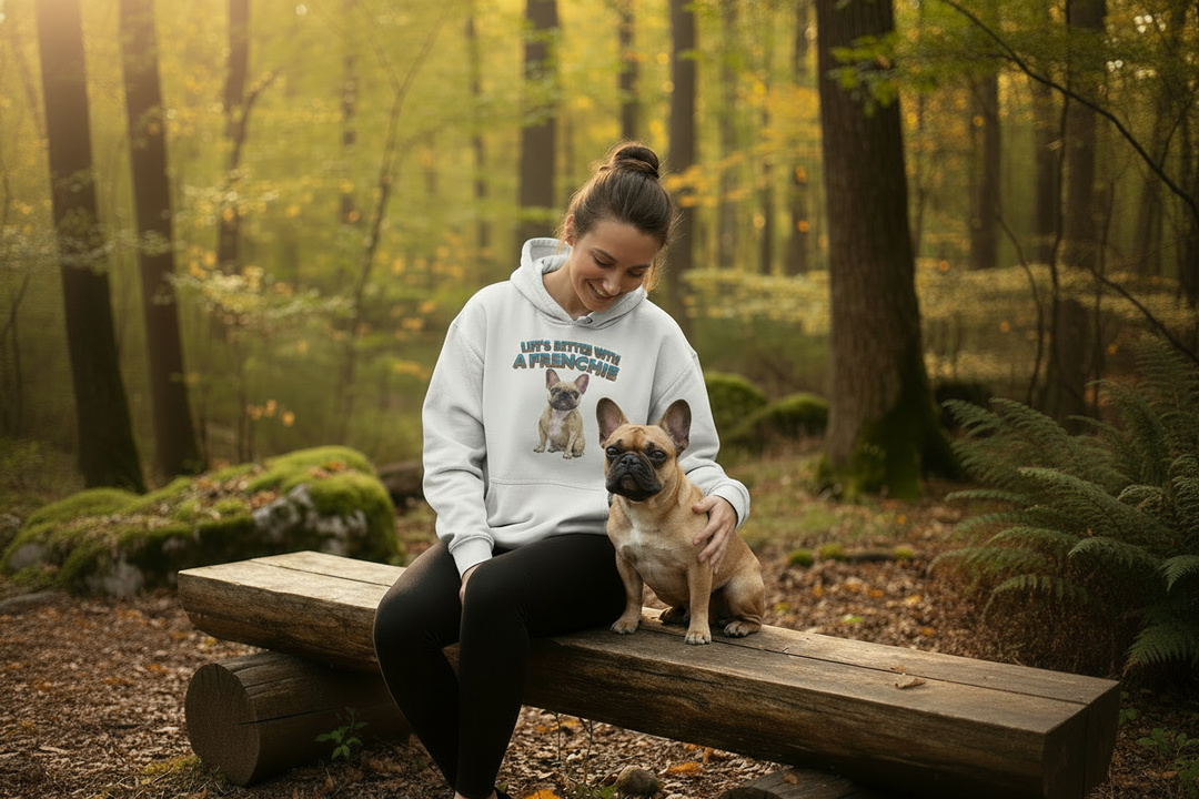 Woman in autumn forest with French Bulldog wearing graphic hoodie