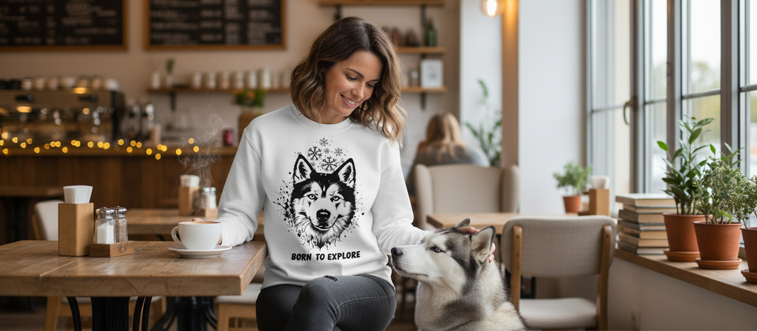 Woman in cosy cafe with Husky wearing graphic sweatshirt and holding coffee