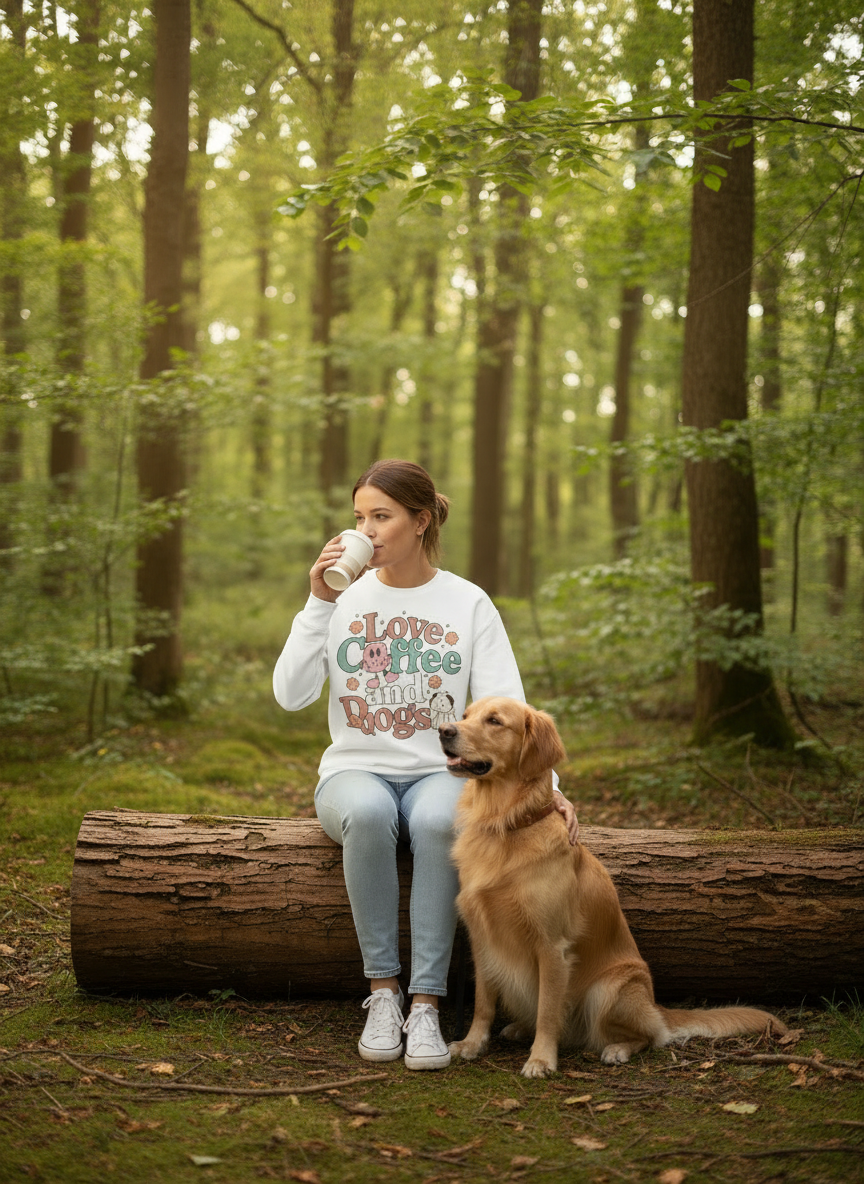Woman in forest with Golden retriever wearing quality graphic sweatshirt