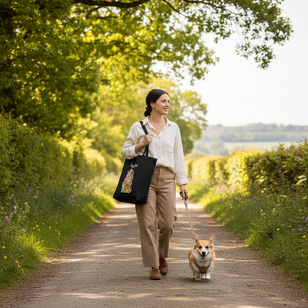 Woman walking her dog a corgi on a sunny countryside path carrying a black dog-themed tote bag - practical tote bag for dog walks.