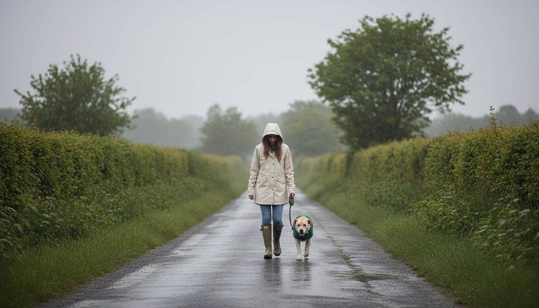 Woman walking her dog on a wet countryside lane in the rain wearing a waterproof jacket and boots - essential for rainy day dog walking gear.