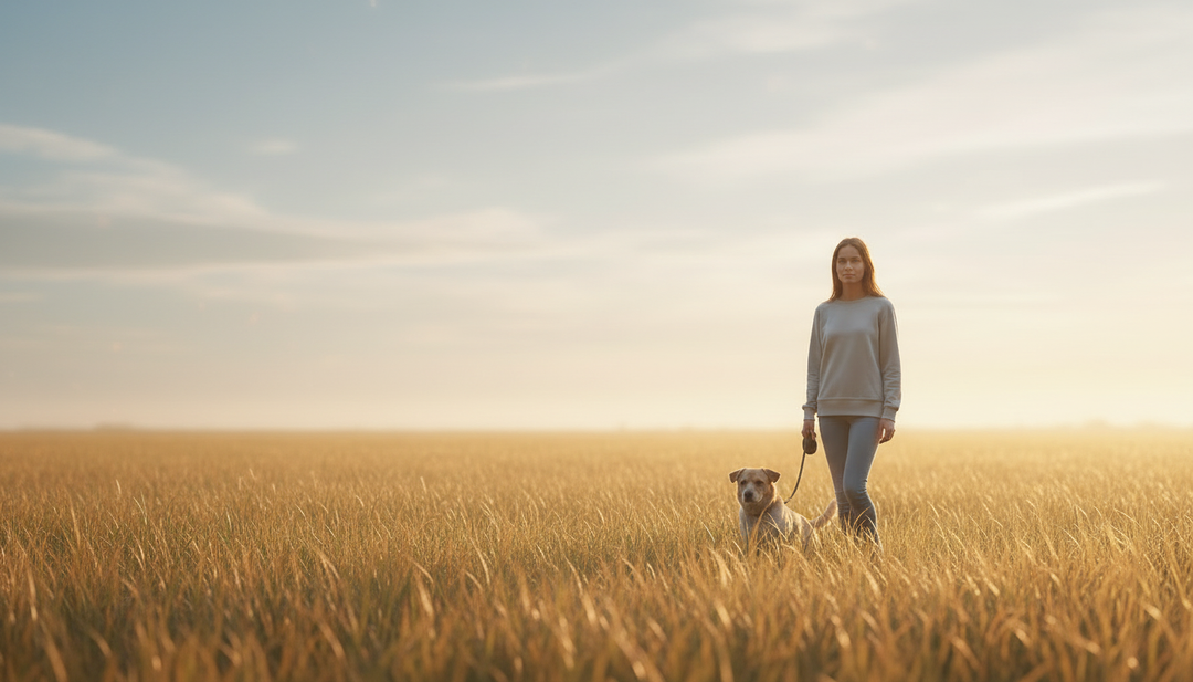 Woman walking dog in golden countryside field at sunset - peaceful evening dog walks in warm light.