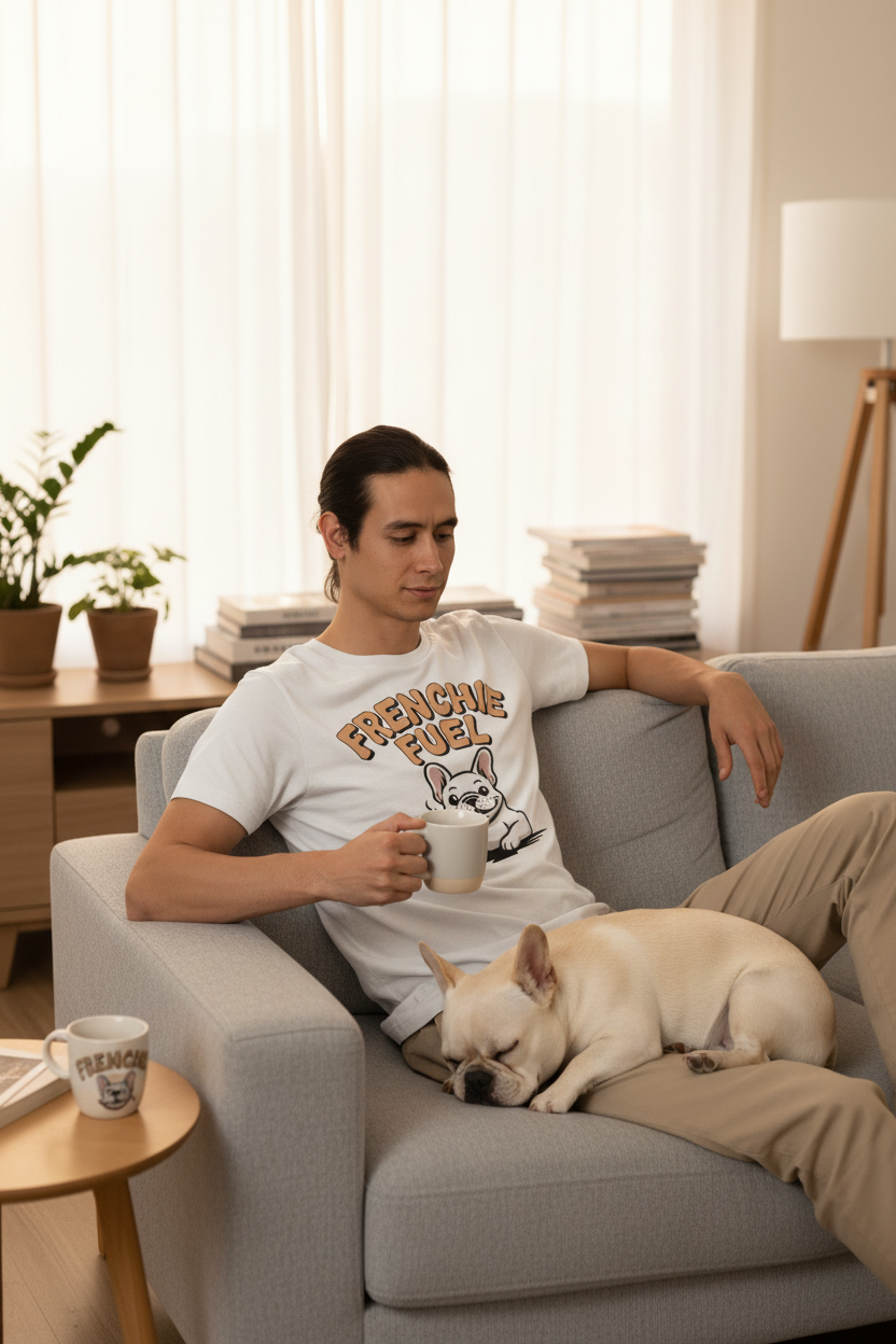 Man relaxing on sofa with French Bulldog wearing graphic t-shirt