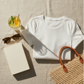 White t-shirt styled with woven straw tote bag, sunglasses, and iced drink on a white surface for summer lifestyle blog.