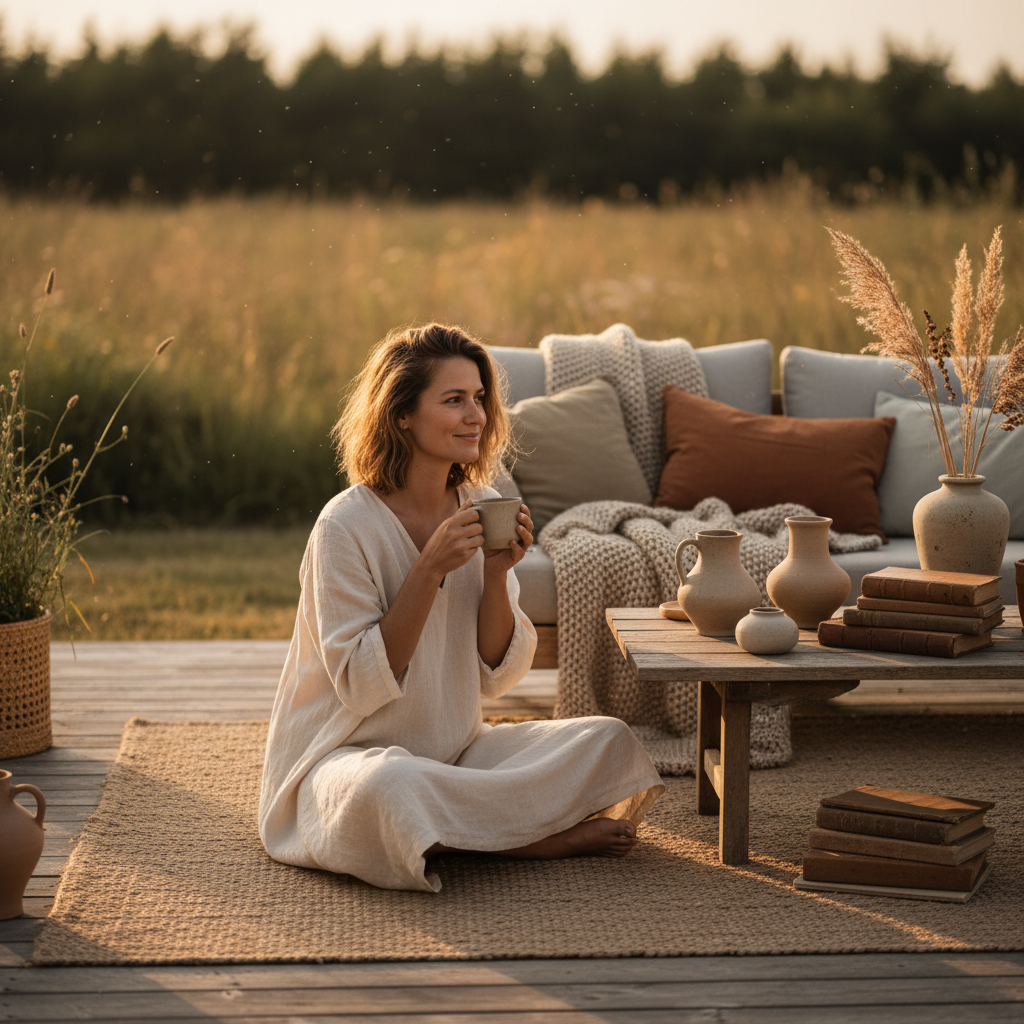 Woman in white linen outfit sitting on outdoor deck with coffee during golden hour, surrounded by cosy cushions and pampas grass