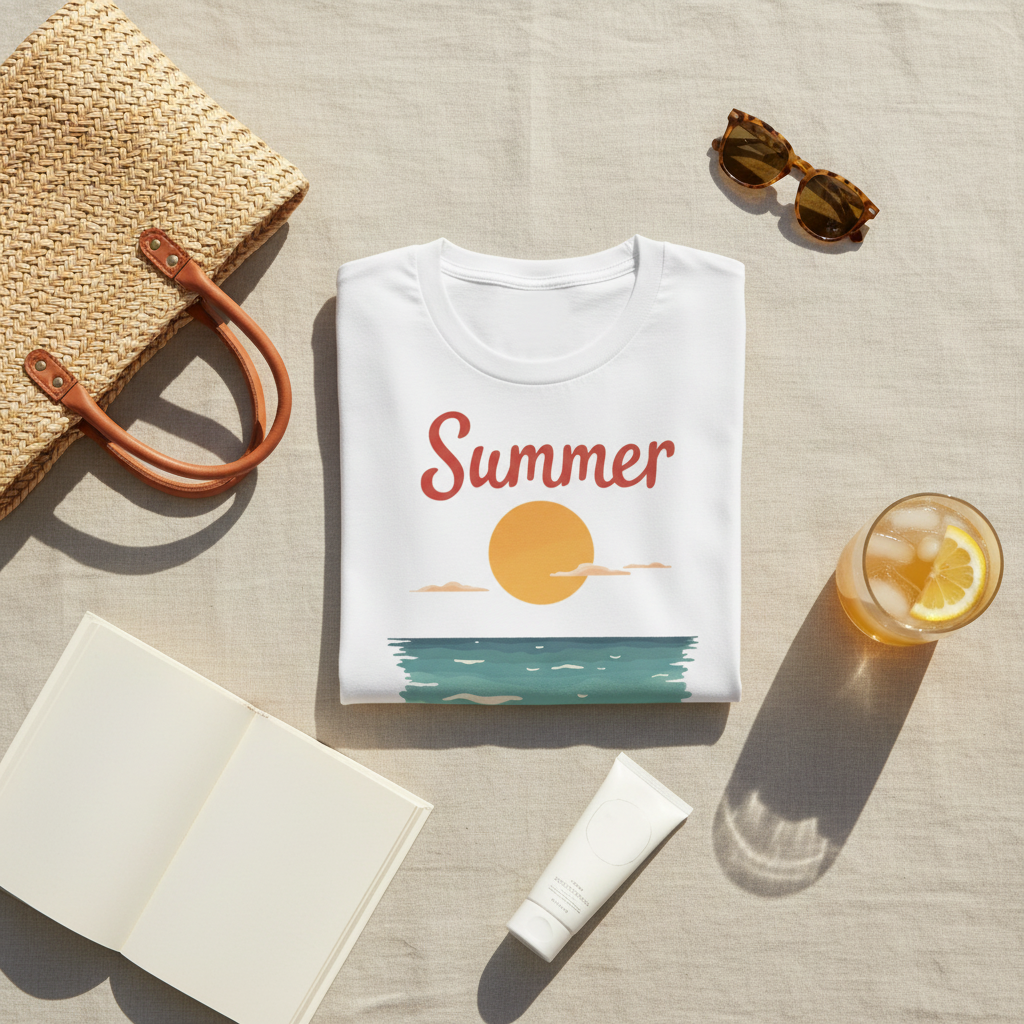 White summer t-shirt with sunset graphic styled with woven straw beach bag, sunglasses, iced drink, and book on sandy surface