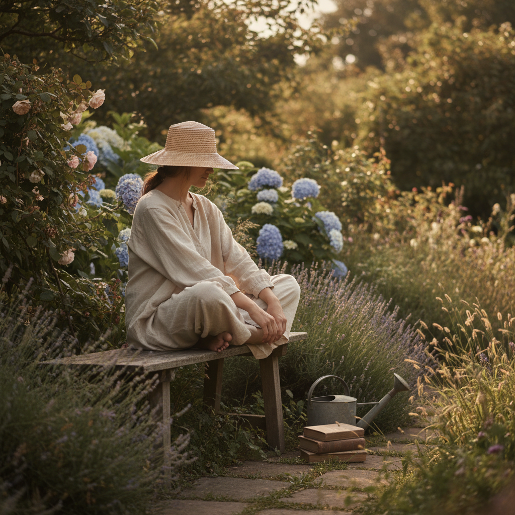 Woman in a sun hat sitting peacefully on a garden bench surrounded by hydrangeas in golden hour sunlight