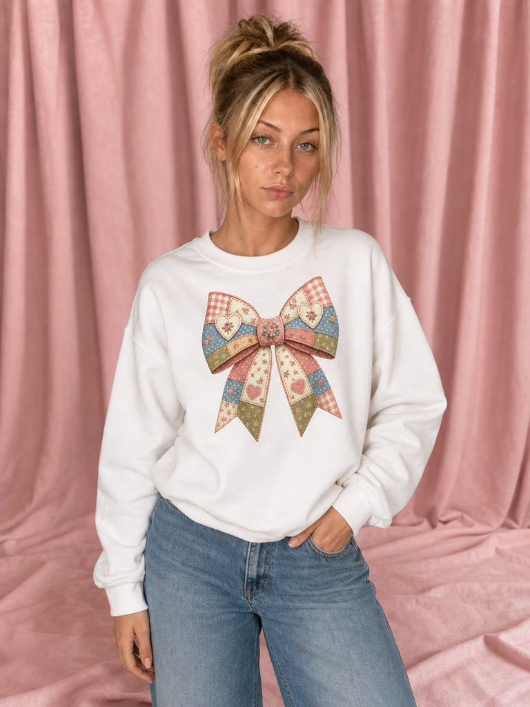 Faux Patchwork Bow Sweatshirt | Coquette Aesthetic Sweatshirt