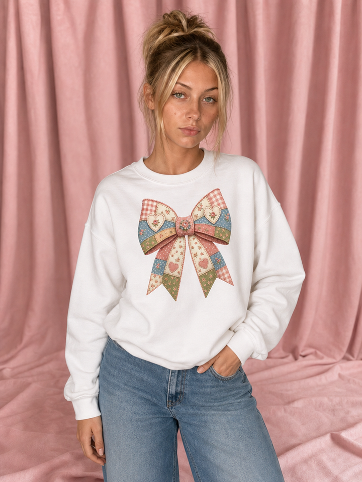 Faux Patchwork Bow Sweatshirt | Coquette Aesthetic Sweatshirt