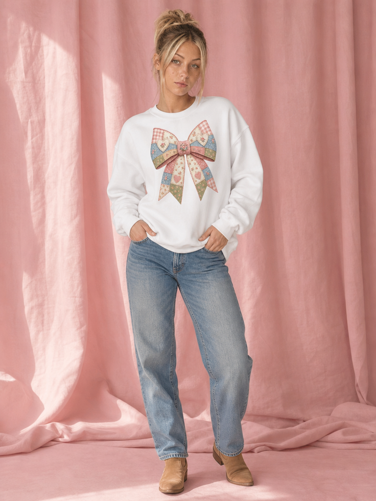 Faux Patchwork Bow Sweatshirt | Coquette Aesthetic Sweatshirt