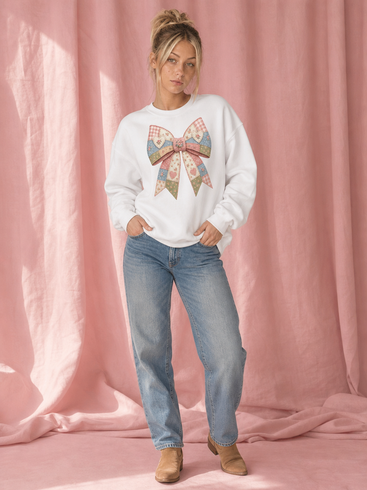 Faux Patchwork Bow Sweatshirt | Coquette Aesthetic Sweatshirt