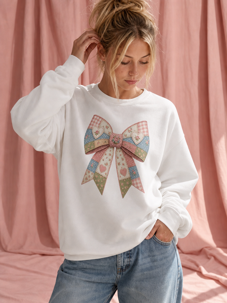 Faux Patchwork Bow Sweatshirt | Coquette Aesthetic Sweatshirt