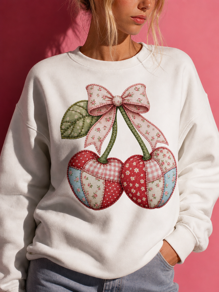 Faux Patchwork Cherry Sweatshirt | Coquette Aesthetic Sweatshirt