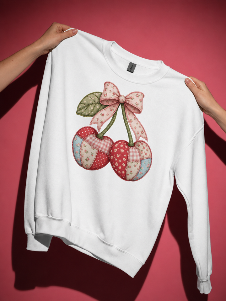 Faux Patchwork Cherry Sweatshirt | Coquette Aesthetic Sweatshirt