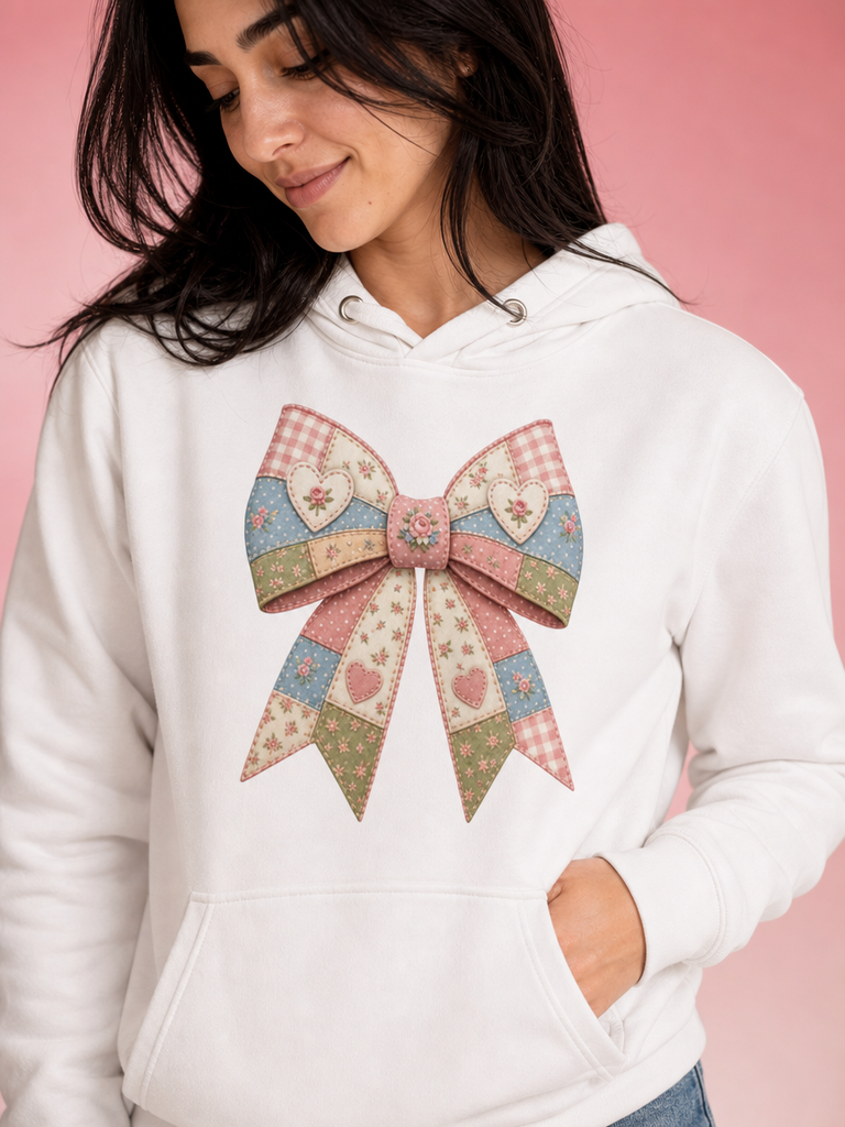 Faux Patchwork Bow Hoodie | Coquette Aesthetic Sweatshirt