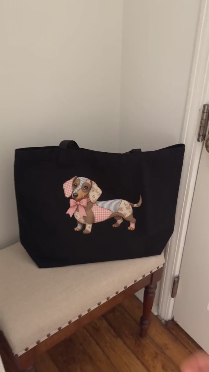Faux Pretty Patchwork Dachshund Large Tote Bag | Gift for Dachshund Lovers