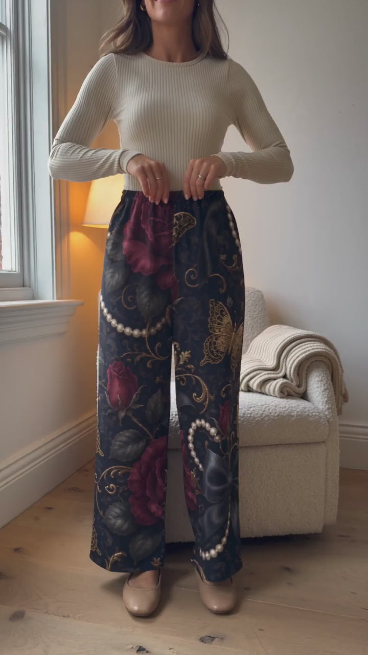 Roses & Pearls Wide-Leg Casual Trousers | Luxury Dark Romance Style